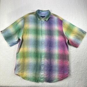 Tommy Bahama 100% Linen Shirt Men XLT Multicolor Shadow Plaid Short Sleeve